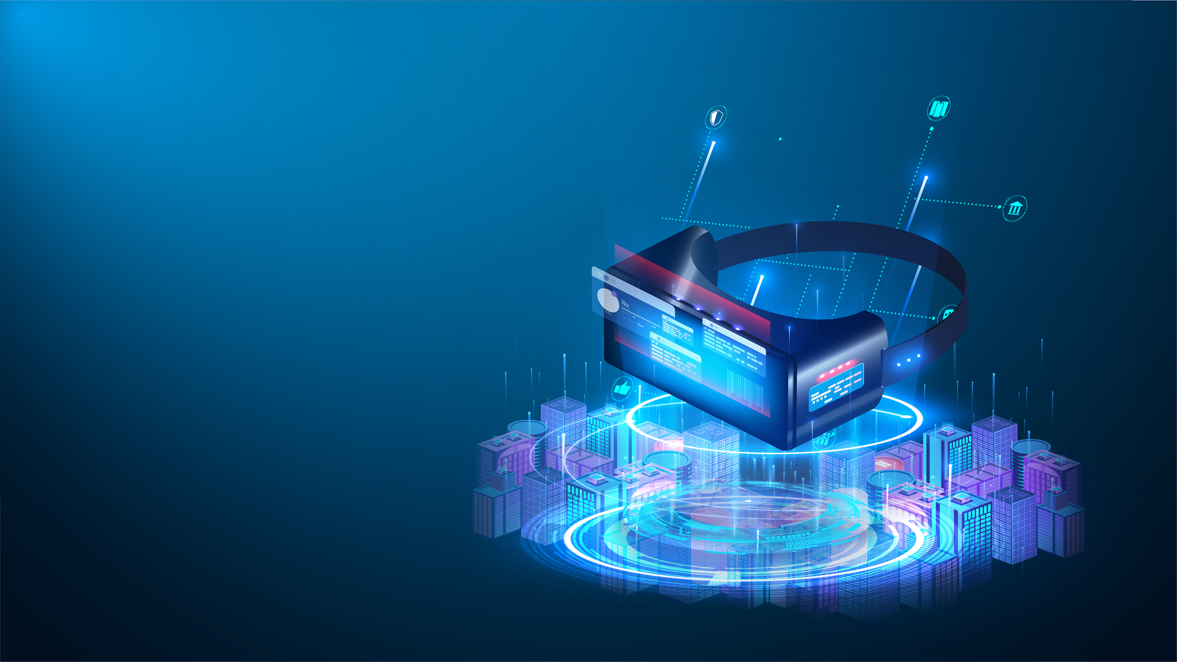 Projection, hologram of the city and virtual reality glasses. Experience Metaverse. Internet of things modern operation by vr glasses innovation. Concept of Future digital technology metaverse.